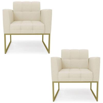 Poltrona Base Industrial Dourado Kit 2 Ana Linho Bege