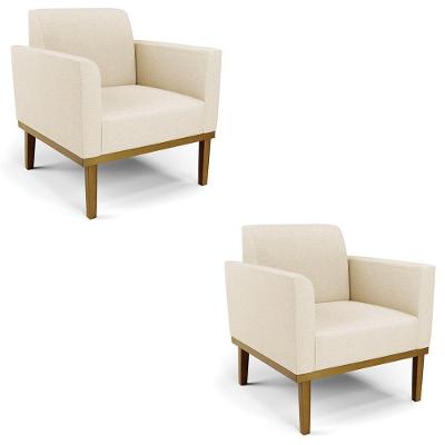 Poltrona Base Madeira Castanho Kit 2 Maressa Linho Bege