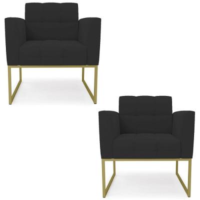 Poltrona Base Industrial Dourado Kit 2 Ana Veludo Preto