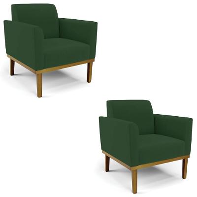 Poltrona Base Madeira Castanho Kit 2 Maressa Veludo Verde