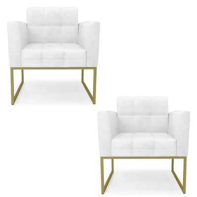 Poltrona Base Industrial Dourado Kit 2 Ana Sintético Pu Branco