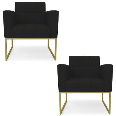 Poltrona Base Industrial Dourado Kit 2 Ana Linho Preto