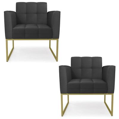Poltrona Base Industrial Dourado Kit 2 Ana Sintético Preto