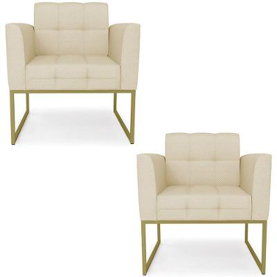 Poltrona Base Industrial Dourado Kit 2 Ana Veludo Luxo Off White