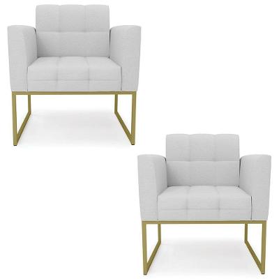 Poltrona Base Industrial Dourado Kit 2 Ana Linho Cinza