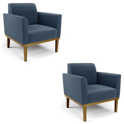 Poltrona Base Madeira Castanho Kit 2 Maressa Suede Azul Marinho