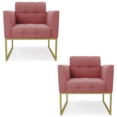 Poltrona Base Industrial Dourado Kit 2 Ana Suede Rosê