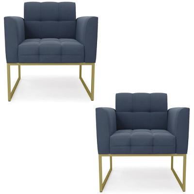 Poltrona Base Industrial Dourado Kit 2 Ana Suede Azul Marinho