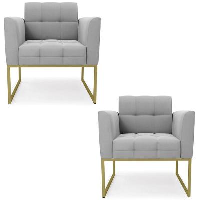 Poltrona Base Industrial Dourado Kit 2 Ana Suede Cinza