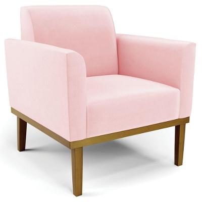 Poltrona Decorativa Base Madeira Castanho Maressa Suede Rosa Bebê
