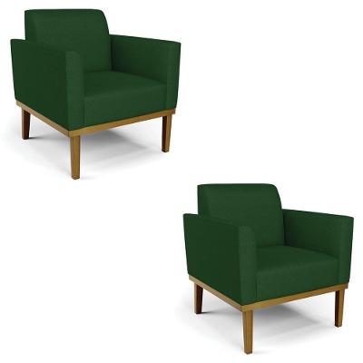 Poltrona Base Madeira Castanho Kit 2 Maressa Veludo Luxo Verde