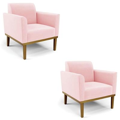 Poltrona Base Madeira Castanho Kit 2 Maressa Suede Rosa Bebê