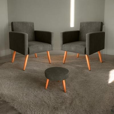 Jogo De Poltronas E Puff Livia Veludo Turkey Marrom