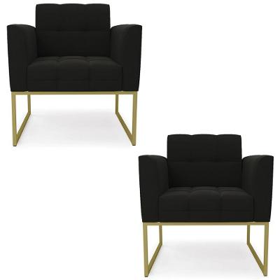 Poltrona Base Industrial Dourado Kit 2 Ana Suede Preto
