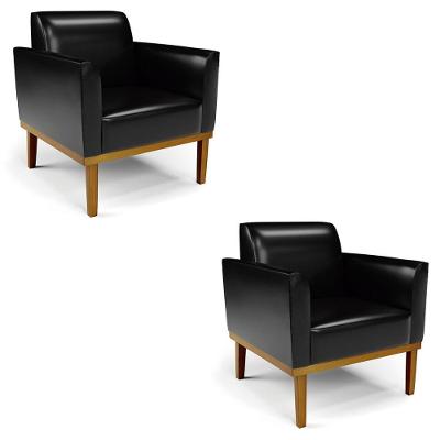 Poltrona Base Madeira Castanho Kit 2 Maressa Sintético Pu Preto