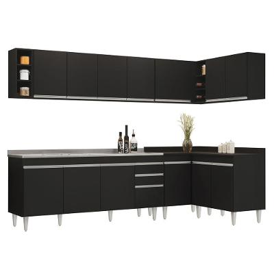 Armário De Cozinha Modulado De Canto 7 Peças Cp36 Com Pia Inox Preto