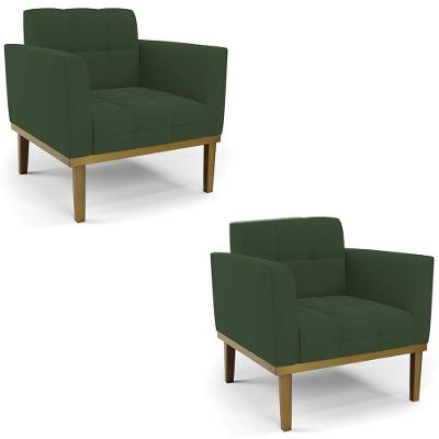 Poltrona Base Madeira Castanho Kit 2 Ana Veludo Verde