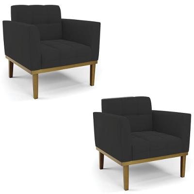 Poltrona Base Madeira Castanho Kit 2 Ana Veludo Preto