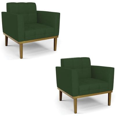 Poltrona Base Madeira Castanho Kit 2 Ana Veludo Luxo Verde