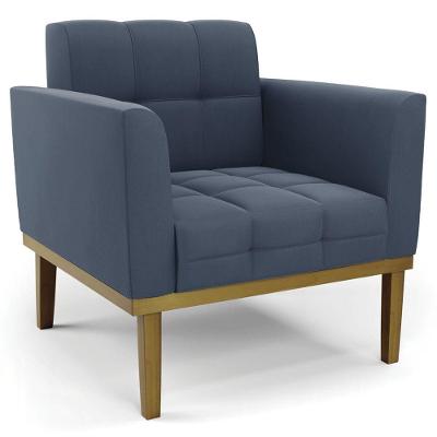 Poltrona Decorativa Base Madeira Castanho Ana Suede Azul Marinho
