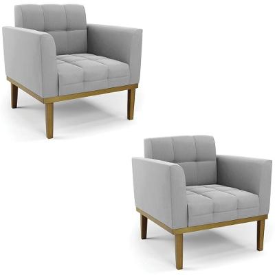 Poltrona Base Madeira Castanho Kit 2 Ana Suede Cinza