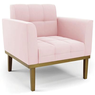 Poltrona Decorativa Base Madeira Castanho Ana Suede Rosa Bebê - Ibiza