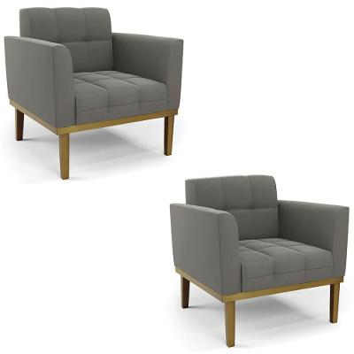 Poltrona Base Madeira Castanho Kit 2 Ana Suede Grafite