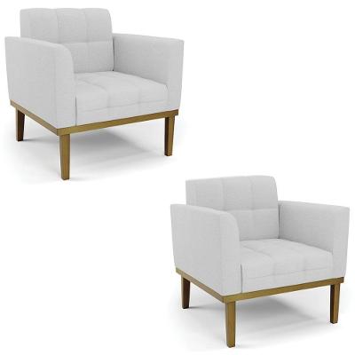Poltrona Base Madeira Castanho Kit 2 Ana Linho Cinza