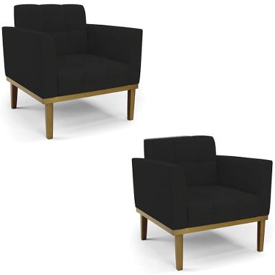 Poltrona Base Madeira Castanho Kit 2 Ana Linho Preto