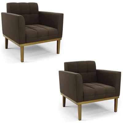 Poltrona Base Madeira Castanho Kit 2 Ana Suede Marrom