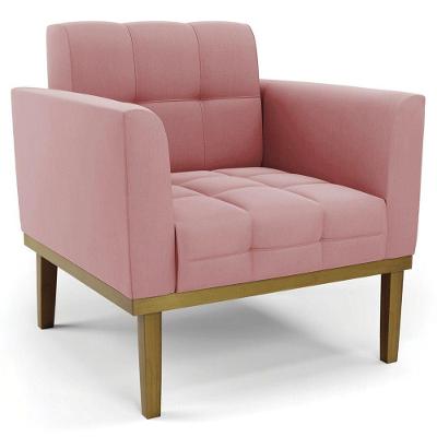 Poltrona Decorativa Base Madeira Castanho Ana Suede Rosê