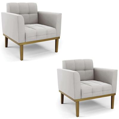 Poltrona Base Madeira Castanho Kit 2 Ana Veludo Cinza