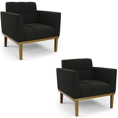 Poltrona Base Madeira Castanho Kit 2 Ana Suede Preto