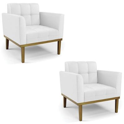 Poltrona Base Madeira Castanho Kit 2 Ana Sintético Branco
