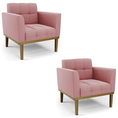 Poltrona Base Madeira Castanho Kit 2 Ana Suede Rosê