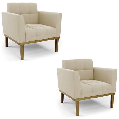 Poltrona Base Madeira Castanho Kit 2 Ana Suede Bege