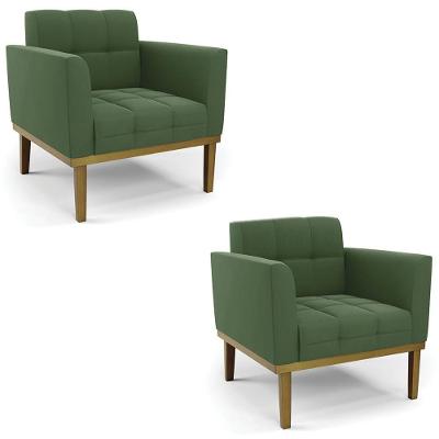 Poltrona Base Madeira Castanho Kit 2 Ana Suede Verde
