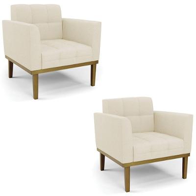 Poltrona Base Madeira Castanho Kit 2 Ana Linho Bege