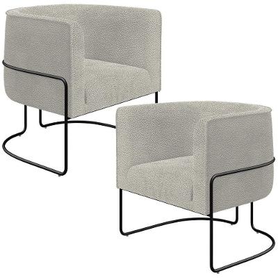 Kit 02 Poltronas Para Sala De Estar Fixa Base Aço Preto Betina D02 Bouclê Creme - Lyam Decor