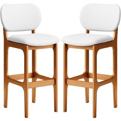 Kit 02 Banquetas Alta Para Cozinha Madeira Fixa Betta L02 Imbuia Corano Branco - Lyam Decor