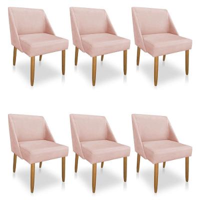 Kit 06 Cadeiras Poltrona Juliana Suede Pés Palito Castanho Rosa Bebê