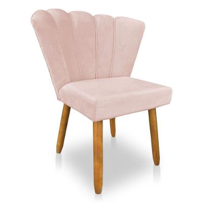 Cadeira Poltrona Flor Veludo Rosa Bebê Pés Palito Castanho