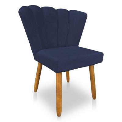 Cadeira Poltrona Flor Veludo Azul Marinho Pés Palito Castanho