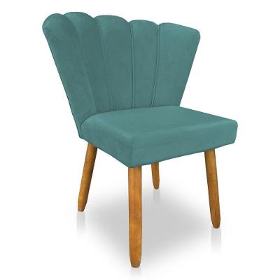 Cadeira Poltrona Flor Veludo Pés Palito Castanho Azul Turuqesa