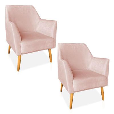 Kit 02 Poltronas Decorativa Julia Veludo Pés Palito Castanho Rosa Bebê