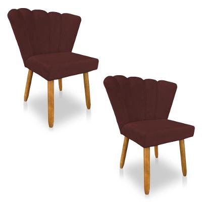 Kit 02 Cadeiras Poltrona Flor Veludo Pés Palito Castanho Marsala