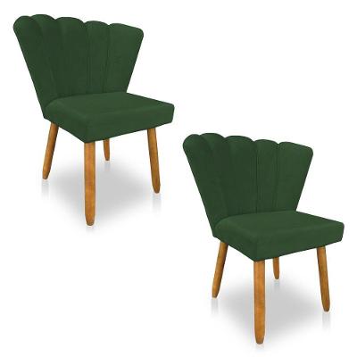 Kit 02 Cadeiras Poltrona Flor Veludo Pés Palito Castanho Verde