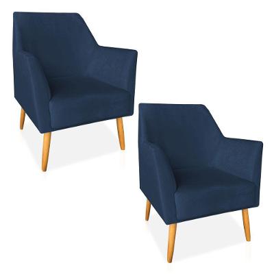Kit 02 Poltronas Decorativa Julia Veludo Pés Palito Castanho Azul Marinho