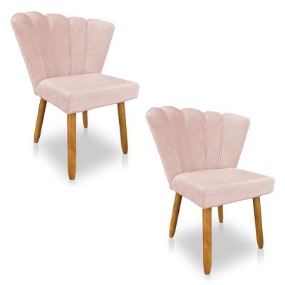Kit 02 Cadeiras Poltrona Flor Veludo Pés Palito Castanho Rosa Bebê