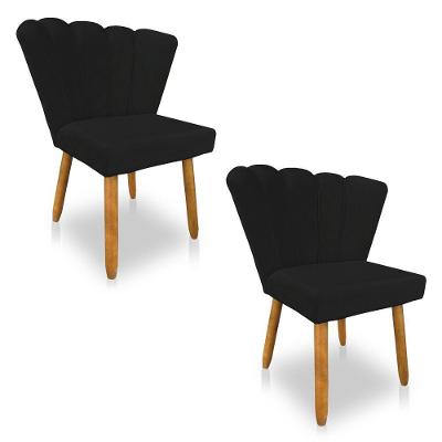 Kit 02 Cadeiras Poltrona Flor Veludo Preto Pés Palito Castanho
